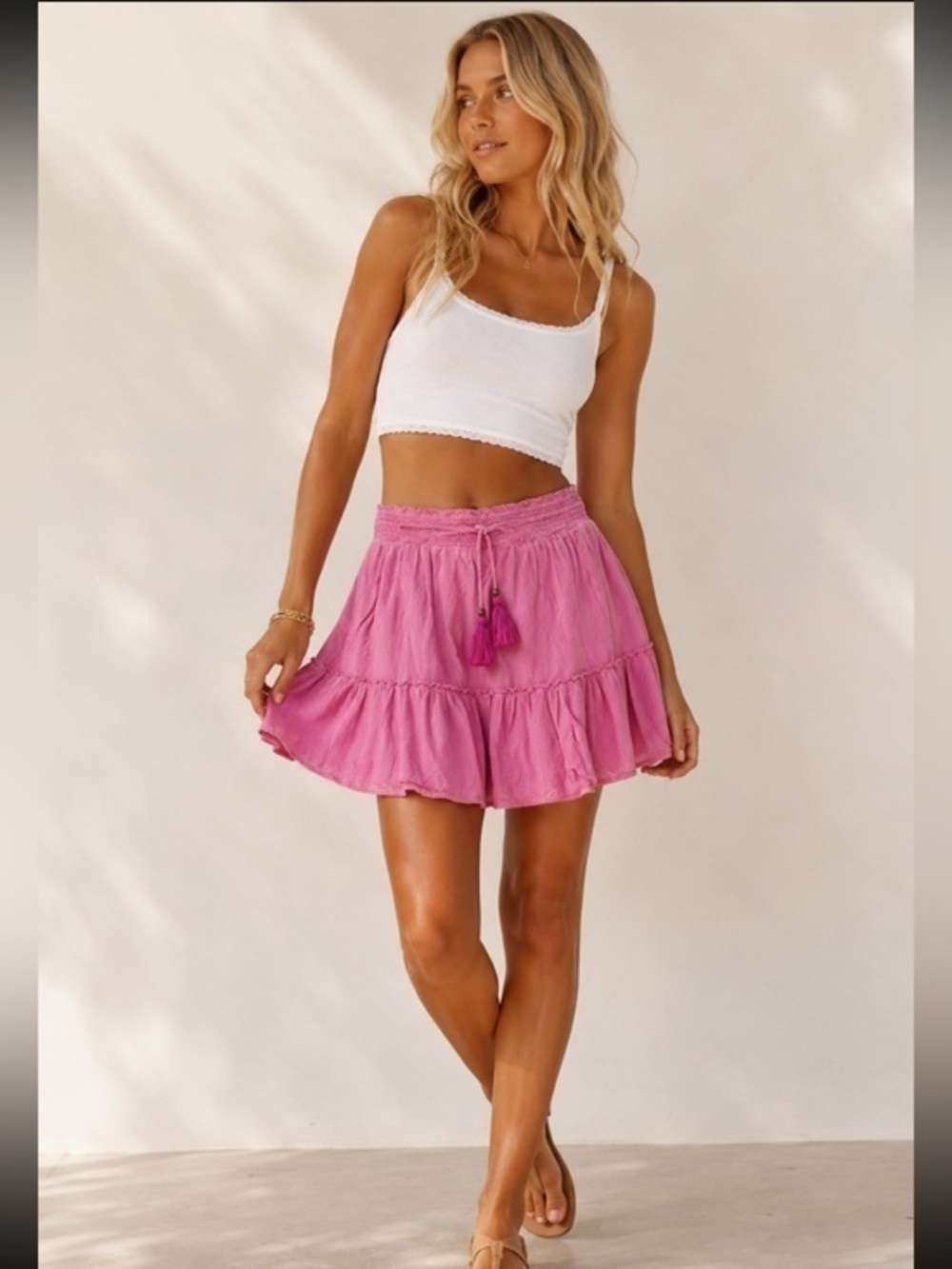 Pilcro Anthropologie Pink Tiered Tassel Mini Skirt Medium Boho Cottagecore